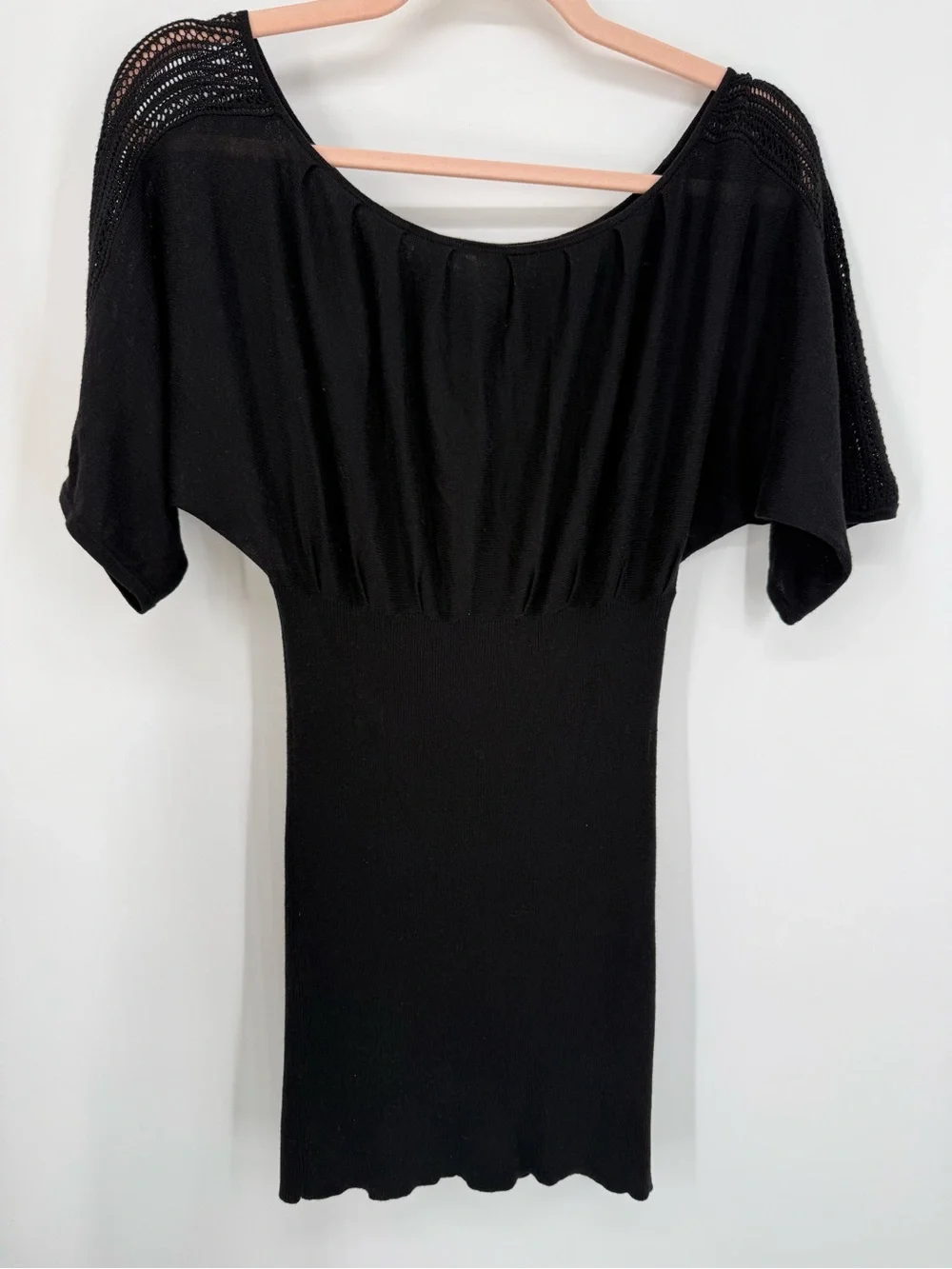 Free People Women Black Top‎ Small Crochet Sleeves Fitted Boho Goth Minimalist